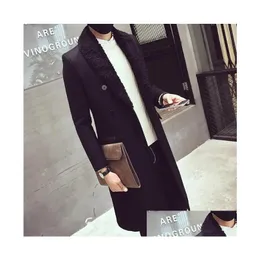 Mens Fur Faux Winter Long Parkas Dark Grey Black Lapel Neck Wool Coats Man Classic Fashion Clothes Drop Delivery Clothing Oute Dhfox