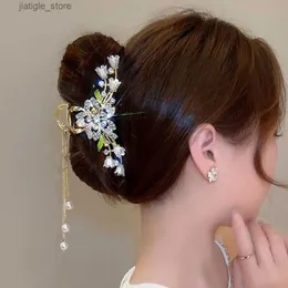 قصات الشعر Haimeikang Rhinestone Hair Hair Claw Bow Bow Golden Flower Clip Hairpin for Women Elegan Ponytail Fashion Association Y240327
