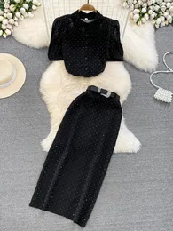Arbeitskleider Temperament Polka Dot Rock 2-teiliges Set DamenSommer Kurzarm schwarzes Hemd Top Figurbetonte lange Anzüge