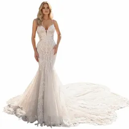 haohao 2024 affascinante sirena abito da sposa sposa backl liste tulle scollo a V appliques pizzo custom made abiti da sposa B2VS #