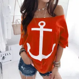 Летняя футболка с принтом лодки и якоря, сексуальная женская повседневная свободная футболка с открытыми плечами и половиной рукава, белая, красная, большие размеры, S5XL, футболки, топы 240315