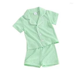 Set di abbigliamento Completo estivo per bambini Camicia abbottonata a maniche corte con pantaloncini elastici in vita Set scozzese Consegna a domicilio Maternità per bambini Dhbso