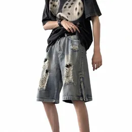 reddachic men 지퍼 슬릿 빈티지 W 와이드 다리 캐주얼 바지 자른 청바지 jorts y2k Korean Streetwear n58z#