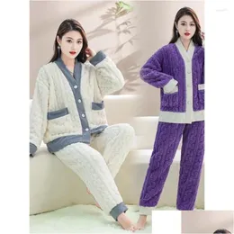 Pigiama da notte da donna autunno e inverno spesso caldo corallo Veet carino dolce versione coreana flanella grande set di pelliccia per la casa consegna a goccia Ap Otvx8