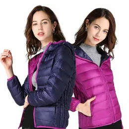 Kvinnor Ultra Light 90% Duck Down Jacket Huvjackor LG Sleeve Double Side Wear Reversible Lightweight Warm Coats R6ph#