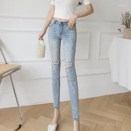 Jeans da donna Pantaloni in denim femminile a vita alta S Pantaloni a matita strappati skinny Perla strappata con fori Slim Fit Original Emo