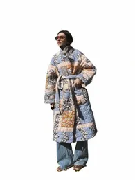printed Floral Lg Cott Coat With Belt Women Lg Sleeve Thicken Warm Jacket 2023 Winter Fi Female Street Outwears G1II#