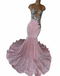 Glitter rosa Lg Prom Dres 2024 per le ragazze nere perline di cristallo Rhinestes paillettes abito per la ragazza nera festa di compleanno Dr v70K #