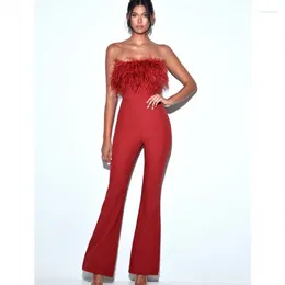 Women's Two Piece Pants Gorgeous Feather Sexy Tube Top Jumpsuit Fashion Micro Horn Socialite Party Banquet Outfit
