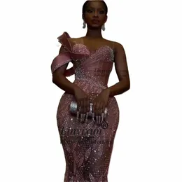 sparkly Sequins Mermaid Prom Dr Sheer Neck Off Shoulder Birthday Evening Party Gowns Pink Sleevel Sweep Train Robe De Bal A0VI#