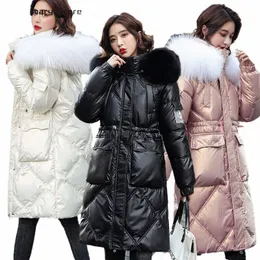 Vinterkvinnor glansiga ner Cott-Padded Jacketjoker Casual Loose Fur Collar Padded Warm Coat Outcoat Fi Outerwear N8EB#