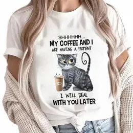 Kahve Kedi Baskı Kadın Kıyafetleri Kızgın Kedi Lover Kadın Üstleri Tee Tshirt Fi Anime Carto Tees Bayanlar Grafik T-Shirt Y2K Üstler P3PP#