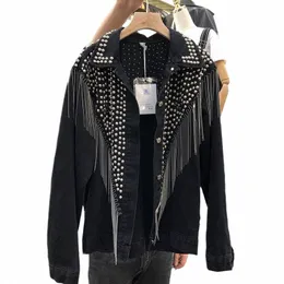 Black Loose BF Women Denim Jacket med Rivet Chain Tassel 2024 Autumn LG Sleeve Streetwear Ladies Jeans Perat Vintage Outwear Q7qi#