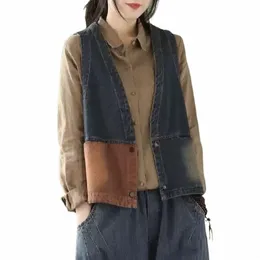 Koreanische Versi Retro Denim Weste Frühlings- und Sommer -Frauenkleidung Lose Plus -Size -Mantel Kurzfarb -Farbanpassung v Hals Neue C4tm#