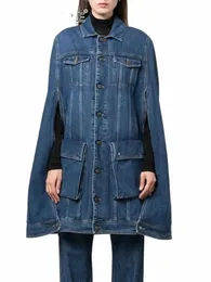 Twotwinstyle Denim curage for Womn Lapel Lg Sleeveパッチワークシングル胸肉ビンテージジャケット女性Fi衣類Q69i＃