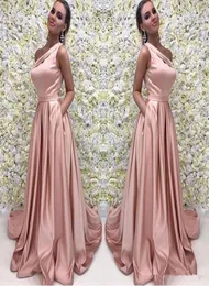 Rose Gold Long Prom Dress Elegant One Shoulder Sleeveless A Line Floor Length Satin Evening Dresses Bridesmaid Formal Gown With Po8823047