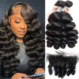 12A Loose Wave Bundles with Frontal Peruvian Hair Bundles with Closure Loose Deep Wave Remy 100% Human Hair Bundles with Frontal