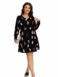 Mulheres Lg Manga Poliéster Dr Elegante e Bonito Verão Dres Barato Casual Pena Padrão Preto Feminino Dr Plus Size 62HU #