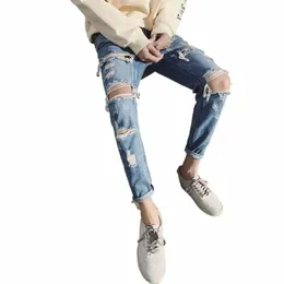 fi 2020 Estate hip hop Strappato buco denim streetwear Cowboy jeans da uomo Slim piedi da uomo coreani ginocchia raschiato pantaloni harem f6N7 #
