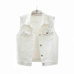 2023 Black Red Yellow Blue White Denim Vest Tops Women Spring Summer Wed Ripped Beaded Sleevel Jacket Lady Jeans Waistcoat T6x2#