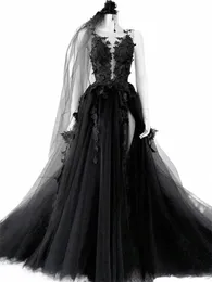 Gotycki czarny ślub Dres Sexy Backl High Side podzielony A-line Bridal Dr koronkowe suknie ślubne bez zasłony vestido de novia u8dt#