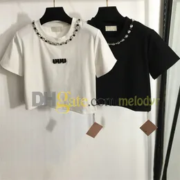 Sexy Tees Top Designer Letter Crop Top Strass Crew Neck Manga Curta Camisetas Verão Respirável Curto Camiseta Moletom