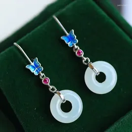 Dangle Küpeler Doğal Hetian Chalcedony ile Gümüş Kakalan Uzun Kelebek Sevimli Küçük Taze Retro Çin Marka Takıları