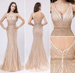 2019 Wunderschöne Champagner-Gold-Meerjungfrauen-Abendkleider mit schweren Perlenstickereien, Party-Festzug-Kleider, arabisches Promi-Kleid, Vintage-formeller Abschlussball 1953815