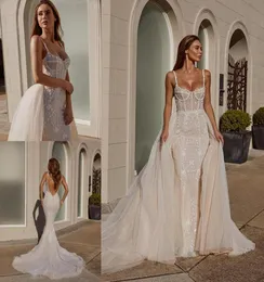 Pallas Couture Sereia 2020 Overskirts Vestidos de casamento com trem destacável Lace Applique Beads Vestidos de noiva Backless Country Wed2655530