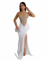 CM.YAYA Kadınlar LG Sleeve Diamds Sıcak Rhinestes Yüksek Yan Bölünmüş Denizkızı MIDI MAXI DR 2024 Seksi Parti Dres Vestidos L5CN#