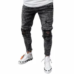 mężczyźni retro śnieg w rozproszony rozciąganie dżinsy motocyklowe Hip Hop Slim Fit Hole punk dżins pres pantales hombre zamek błyskawiczny n9pl#