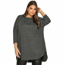 Plus Size Spring Autumn Elegant Hi Low Tunic 3/4 Batwing Sleeve LG Loose Blus Dark Grey Peat Back Large Size Casual Top 6xl Y6al#