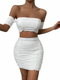 women Sexy Off Shoulder Mini Dr Short Sleeve Backl Pleated Party Club Wear Bodyc Ruched Two Piece Set Female Frocks c5b6#