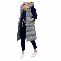 women Solid Color Hooded Lg Coat 2023 Autumn Winter Vest Lg Parkas Women Loose and Warm Single-Brewed Zip Sleevel Parkas O1rr#