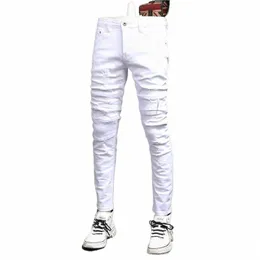 estate uomo bianco strappato patch jeans uomo fi slim fit pantaloni dritti streetwear casual cott pantaloni in denim sottile c3g8 #
