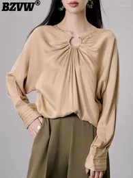 البلوزات النسائية BZVW Women Plateed Office Office Fashion Blouse Blouse O-DECE Long Sleeved Slim Fit Fit Terments Spring Summer 2024