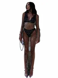 błyszczące dhinestes kratka fishnet dr lg rękaw O Neck Hollw Out Side Slit Dr Sexy Beach Cover Up oddychanie lady vestidos p4vv#