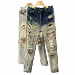 Hole Risped Dżinsy Mężczyźni Slim Fit Chude Dżinsy Hip Hop Fi Streetwear Patchwork Dżinsy Elastyczność Gothic Pants Mężczyzna Pantal 29K6#