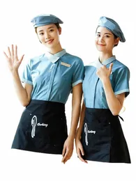 2023 Western Restaurant Summer Waiter Short Sleeve Blue Top+Apr+Pants Set Catering Shop Staffs Work Uniform Dert Store Wear y9qj#