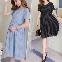 Maternity Spring and Summer Pregnancy Dress Ruffled Shortsleeved Striped Stitching Clothes Loose for Premama 240326