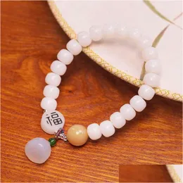 Beaded Strand Strands Natural Bodhi Child Bracelet Female Niche Design White Root Buddha Beads Rosary Chalcedony Lotus Pod Drop Delive Ot5J3