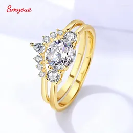 Küme halkaları Smyoue 1Ct Moissanit Kadınlar için 2pcs Mücevher Setleri D VVS Katı S925 STERLING Gümüş Kadın Aly Band Kaplama 18K Altın Gra