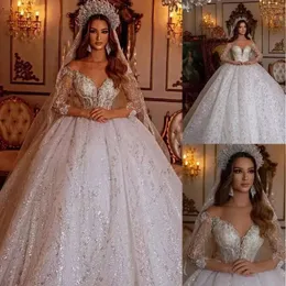 Ein Stück Saudi-Arabien Prinzessin Ballkleid Hochzeitskleid Sheer Off Shoulder Langarm Spitze Pailletten Applikationen Brautkleider Kristall Braut Roben De Marie