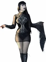 Insgoth Gotik Vintage Patchwork Kadınlar Dr Düzensiz Hem Katı Punk Retro Sokak Giyseni Goth Seksi Örgü Dres C1yg#