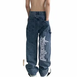 matiz EAR Hiphop Carta Bordado Y2K Denim Jeans Solto Calças Retas Calças Perna Larga Para Homens Casais Streetwear Carga Coreano 51fG #