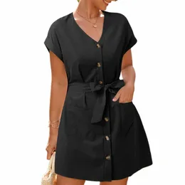 Verão curto carga dr feminino preto dr elegante lapela pescoço manga curta festa sundr casual com cinto festa mini vestido l01j #