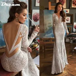 Abiti sexy urbani DREAM profondo scollo a V in pizzo abito da sposa a sirena maniche lunghe senza schienale Sweep Train Boho abito da sposa Custom Made Bohemian yq240329