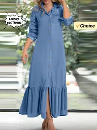 2024 Spring Womens Elegant Fashion Unisex Long Sleeved Polo Cardigan Solid Color Denim Plus Size Dress 240321