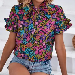 Blusas femininas plissado manga curta pulôver topos estilo étnico floral impressão camisa de verão com gola para um