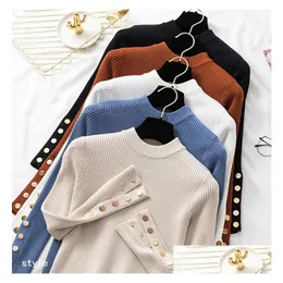 여자 스웨터 5 색상 여자 캐주얼 가을 겨울 여자 두꺼운 스웨터 깃발 긴 소매 버튼 O- 넥 세련